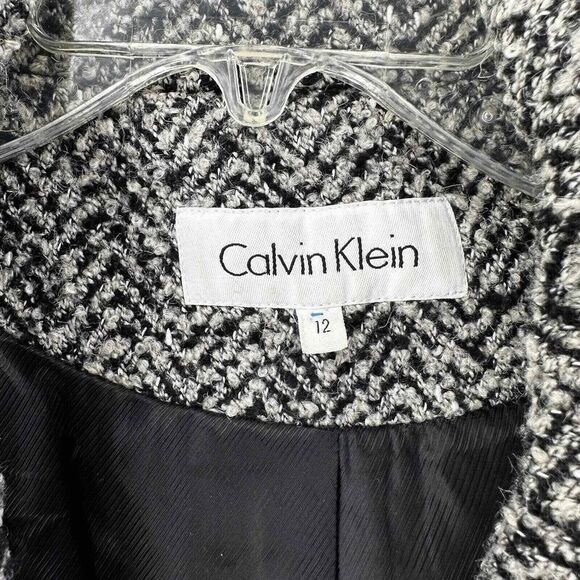 CALVIN KLEIN PeaCoat Women 12 Herringbone Jacket Black Wool Double Breasted - Picture 10 of 10